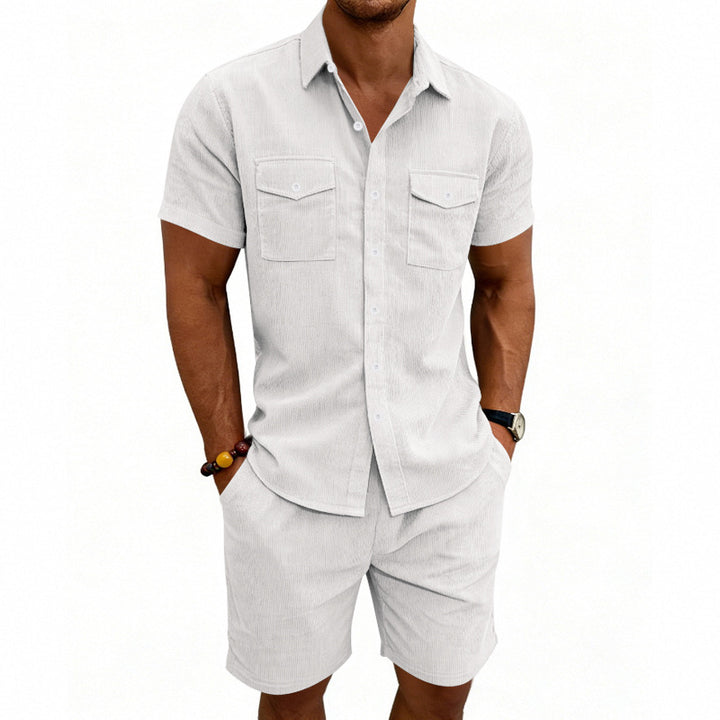 Men's structured cord leisure set with camp collar shirt and casual shorts StylebySassy