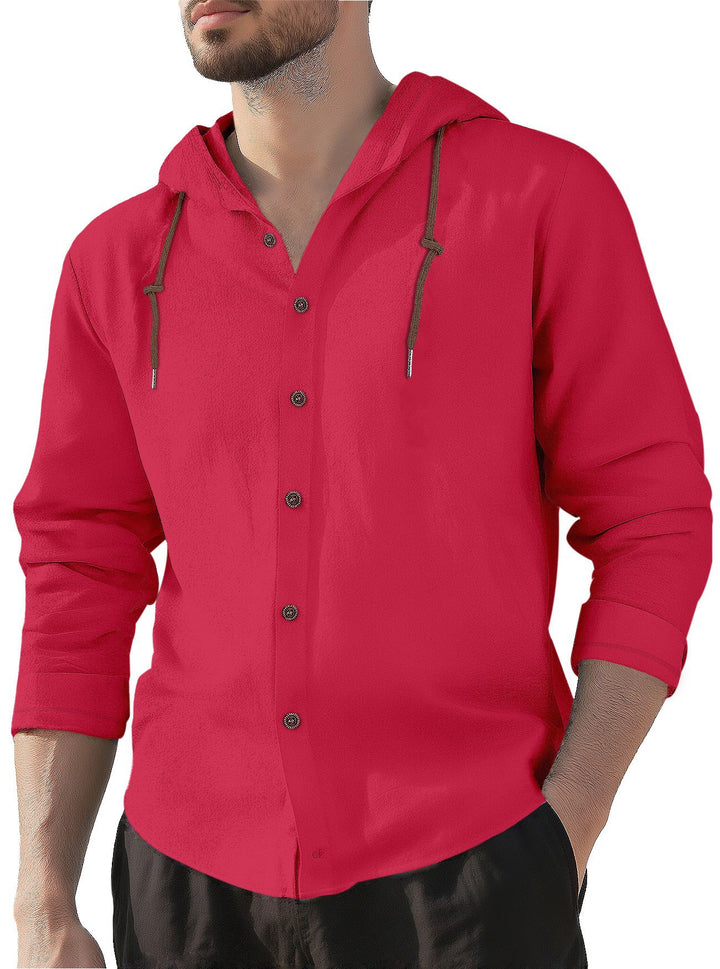 Men's hooded shirt in linen look with button placket and drawstring StylebySassy