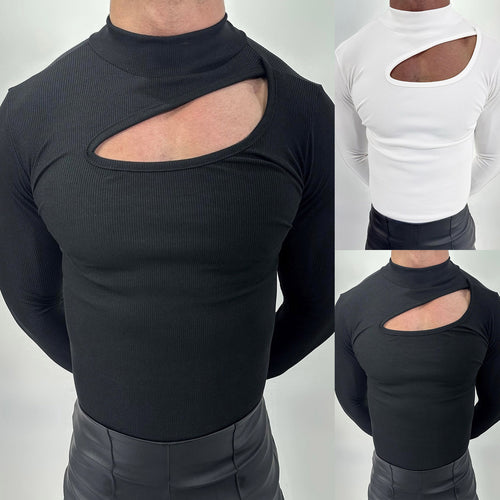 Women's fitted long sleeve top made of fine rib jersey with asymmetrical shoulder neckline and high collar StylebySassy
