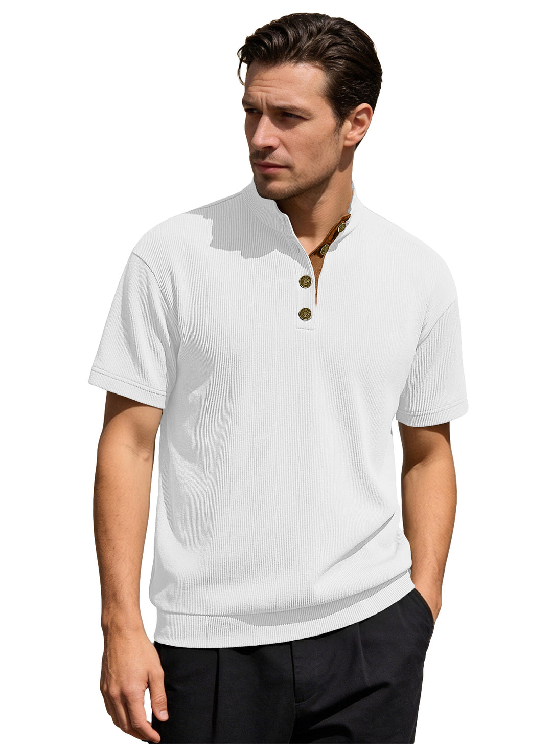 Men's Waffle Structure Short Sleeve Henley with Stand-Up Collar and Decorative Button Placket StylebySassy