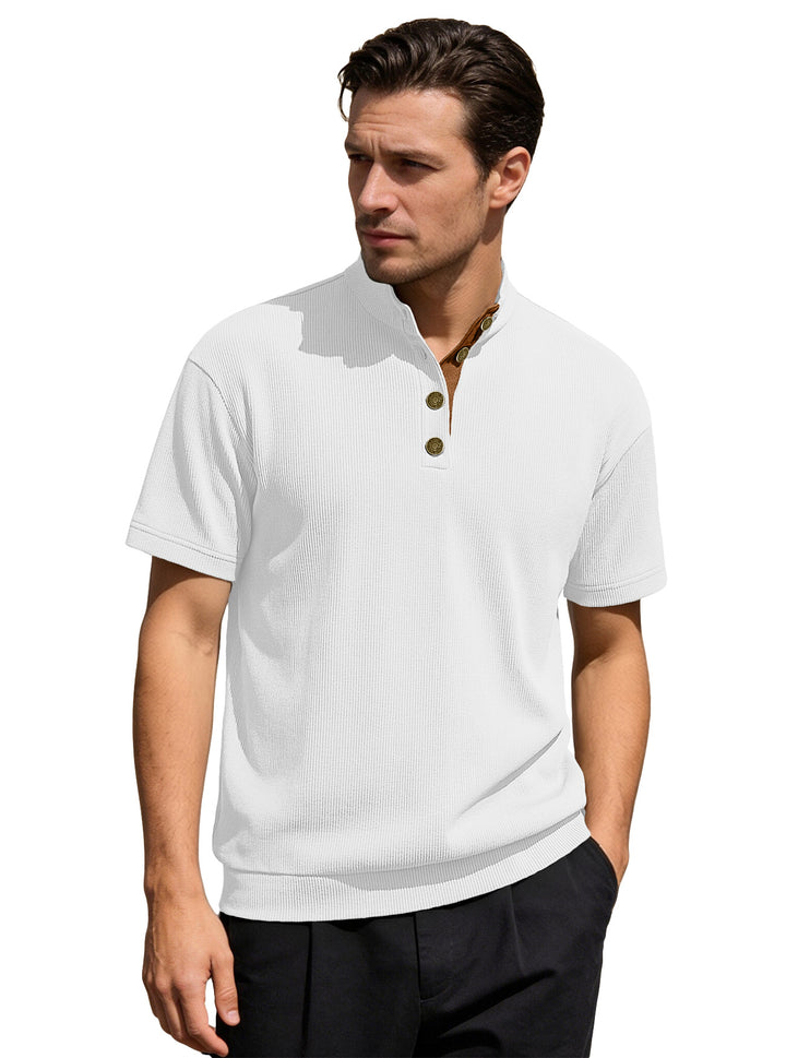 Men's Waffle Structure Short Sleeve Henley with Stand-Up Collar and Decorative Button Placket StylebySassy