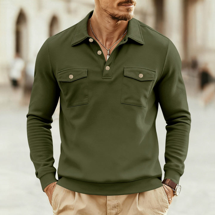 Men's fitted long sleeve polo shirt with shirt collar and applied breast pockets StylebySassy