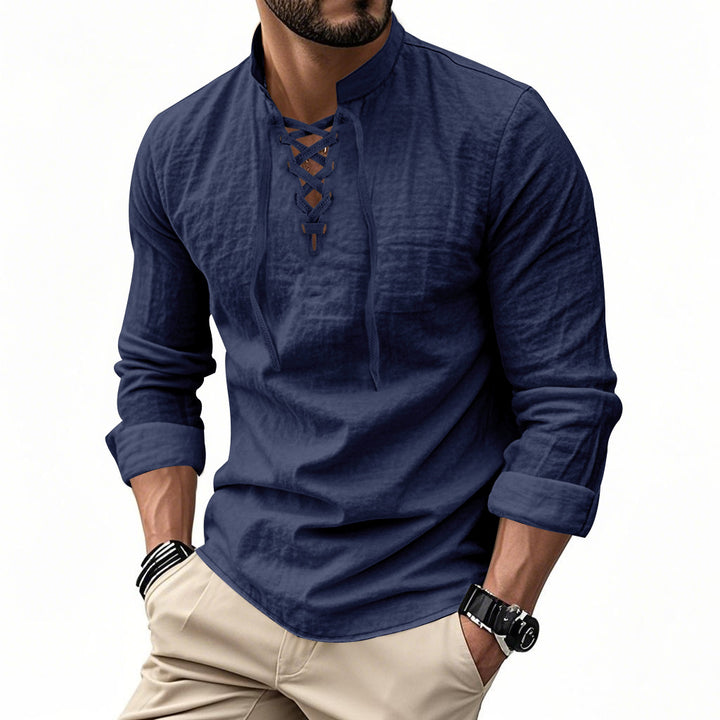 Men's casual sailor-style shirt with stand collar and lace-up front StylebySassy
