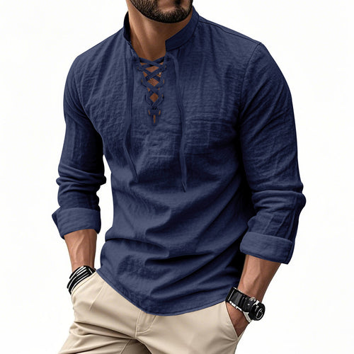 Men's casual sailor-style shirt with stand collar and lace-up front StylebySassy