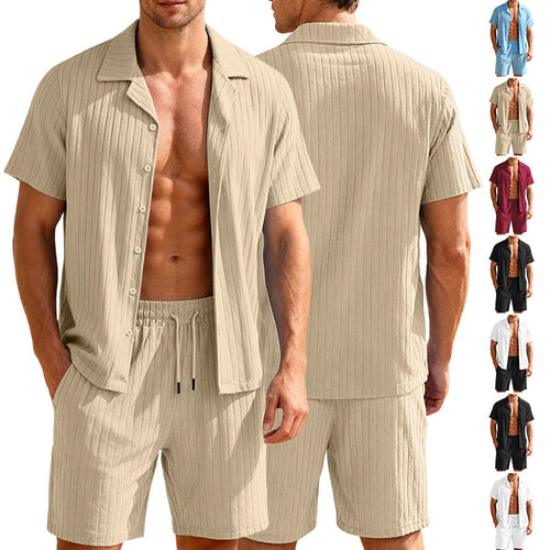 Men's ribbed fine knit lounge set with short sleeve lapel shirt and drawstring shorts StylebySassy