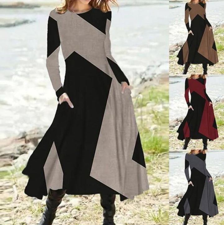 Ladies nan geometric maxi dress with long sleeves, A-line cut and side pockets StylebySassy