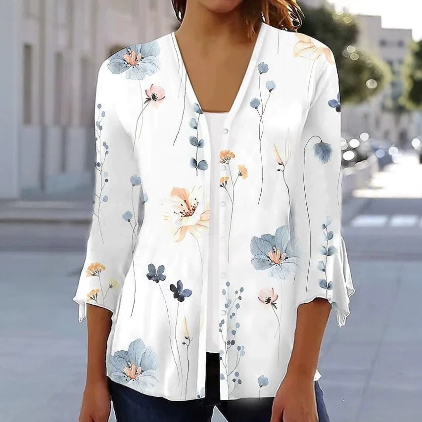 Women's light chiffon blouse with watercolor flower print, V-neck, button placket and three-quarter sleeves StylebySassy