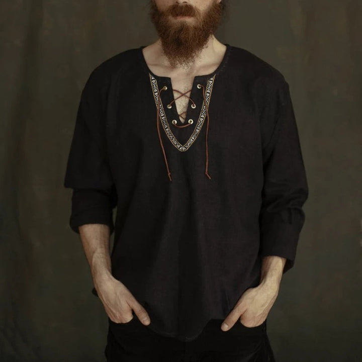 Men's linen tunic shirt with lacing and ethnic border StylebySassy