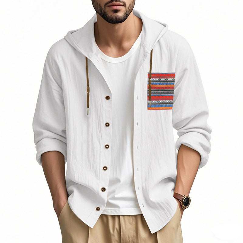 Men's lightweight hooded shirt jacket made of structured cotton blend with ethnic chest pocket and button placket StylebySassy