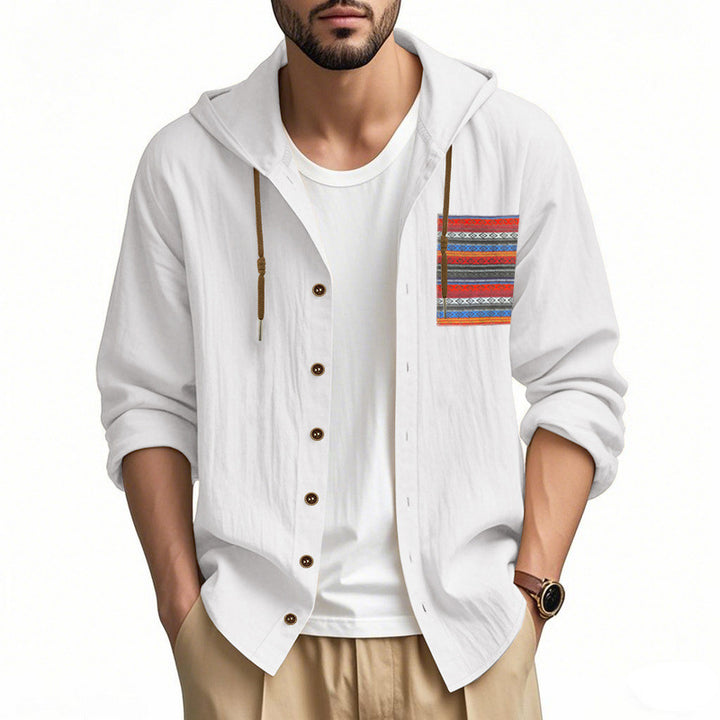 Men's lightweight hooded shirt jacket made of structured cotton blend with ethnic chest pocket and button placket StylebySassy