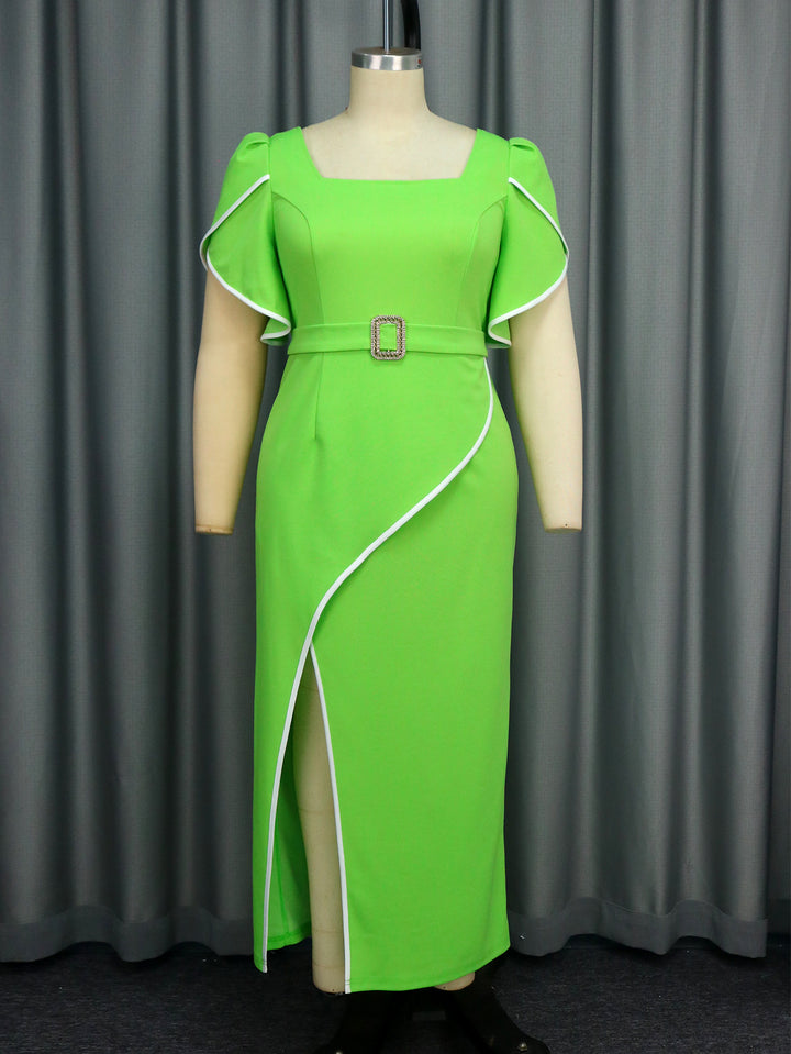 Women Elegant Maxi Dress with Asymmetric Slit and Ruffle Details StylebySassy