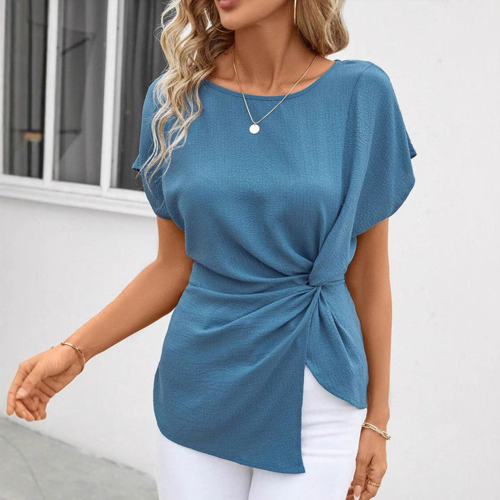Women's fitted short sleeve draped shirt with side knot sling and textured crepe look StylebySassy