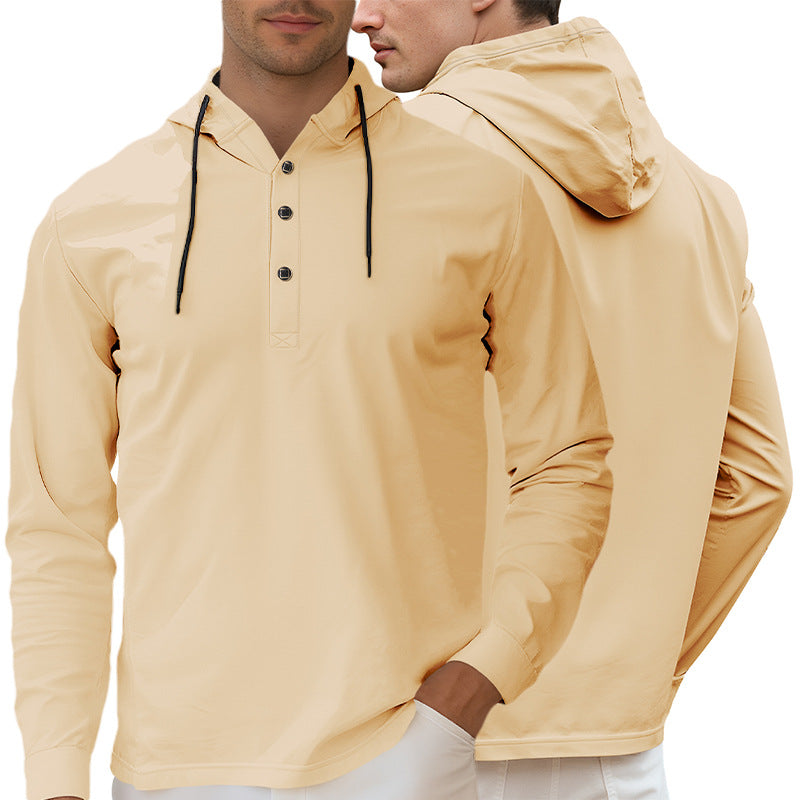 Men's Hooded Henley Long Sleeve Shirt made of lightweight stretch jersey with drawstring StylebySassy