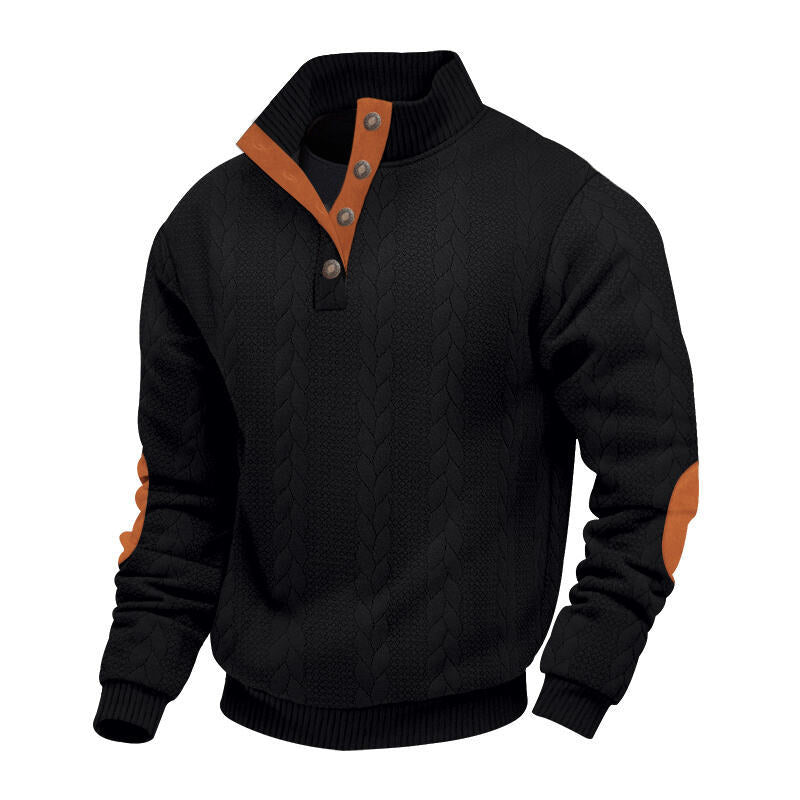 Men's chunky cable knit Troyer with button placket and suede elbow patches StylebySassy