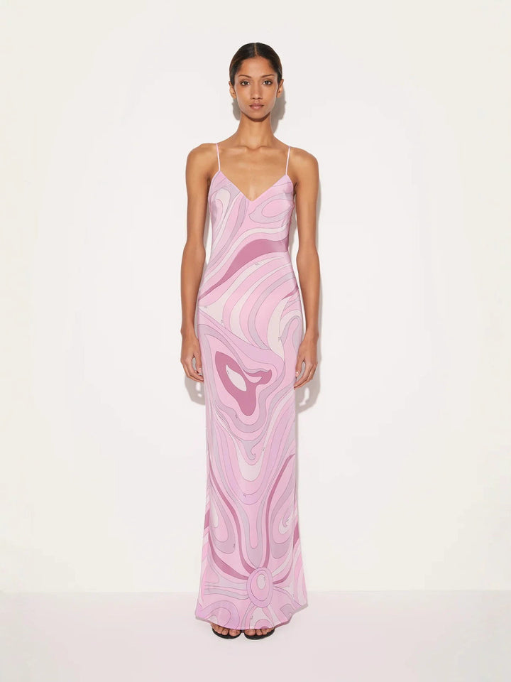 Ladies elegant slip maxi dress with V-neck, delicate spaghetti straps and retro graphic all-over print StylebySassy