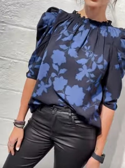 Women's wide-cut slip blouse with smocked ruffle collar and elbow-length puff sleeves StylebySassy