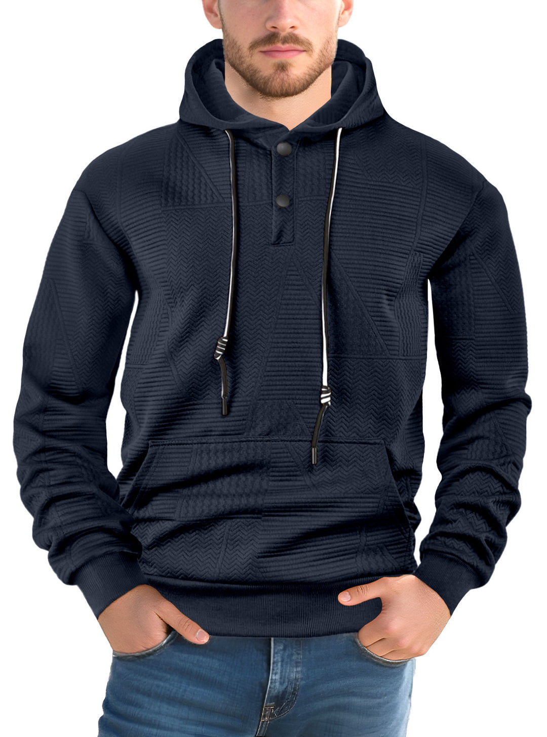 Men's structured hoodie with snap button placket and kangaroo pocket StylebySassy