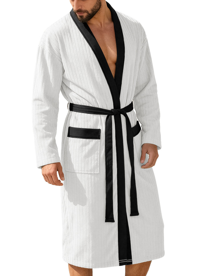 Men's knee-length ribbed kimono-style bathrobe with shawl collar and contrast piping StylebySassy