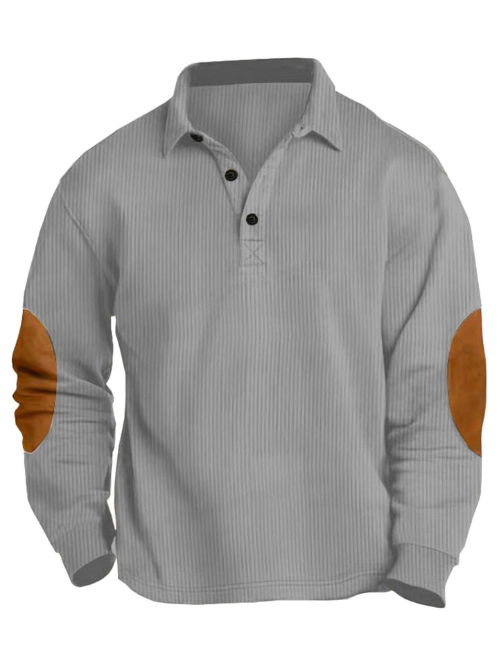 Men's nan legeres long sleeve polo shirt with shirt collar, short button placket, fine texture and velour elbow patches StylebySassy