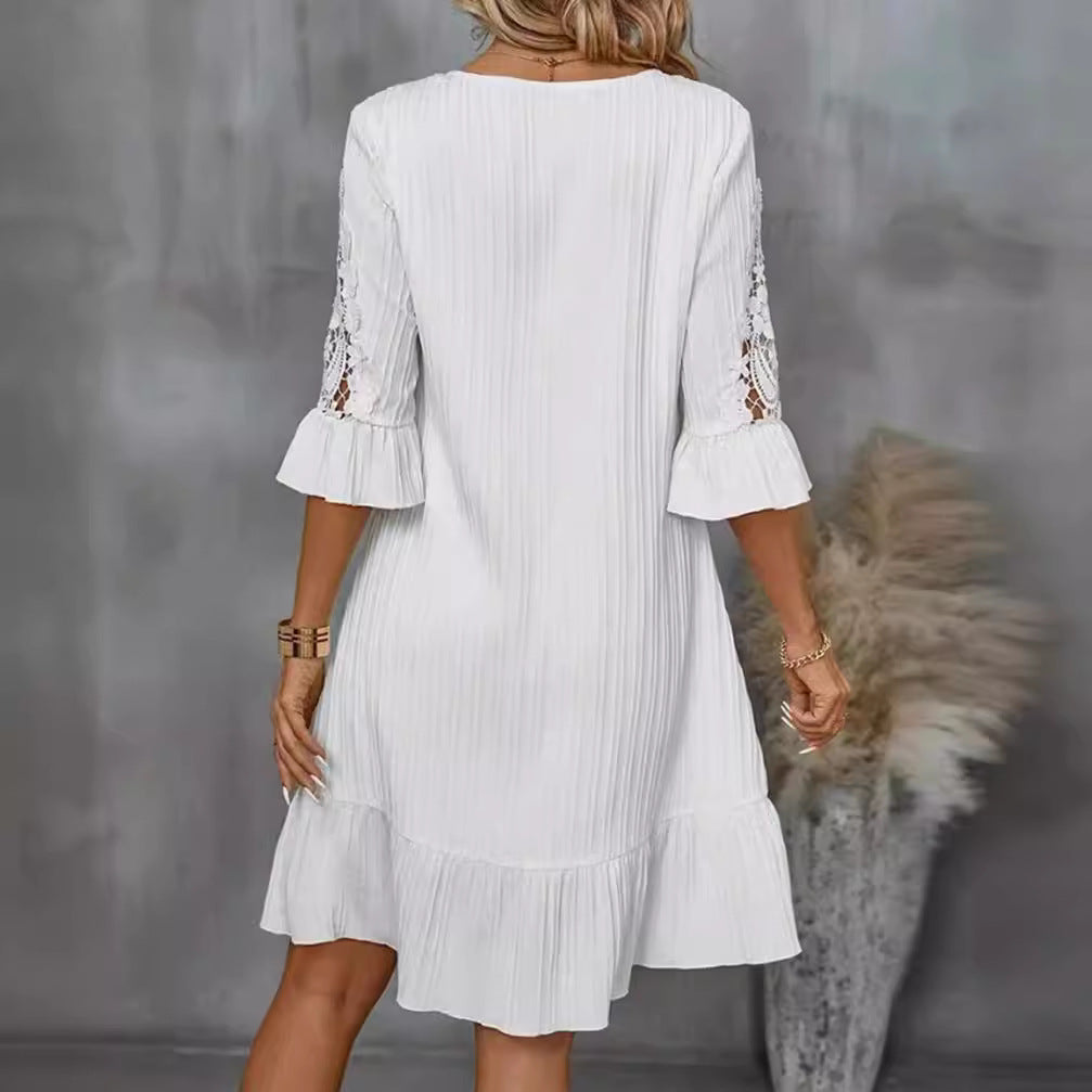 Women's lightweight pleated midi dress with V-neck, three-quarter sleeves with lace trim and ruffled hem StylebySassy