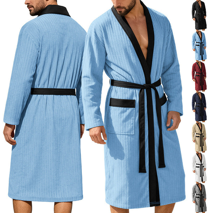 Men's knee-length ribbed kimono-style bathrobe with shawl collar and contrast piping StylebySassy