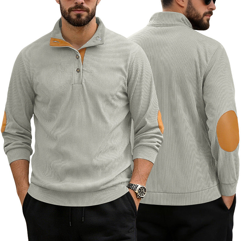 Men's casual structured sweater with polo collar, short button placket and vegan leather trims StylebySassy