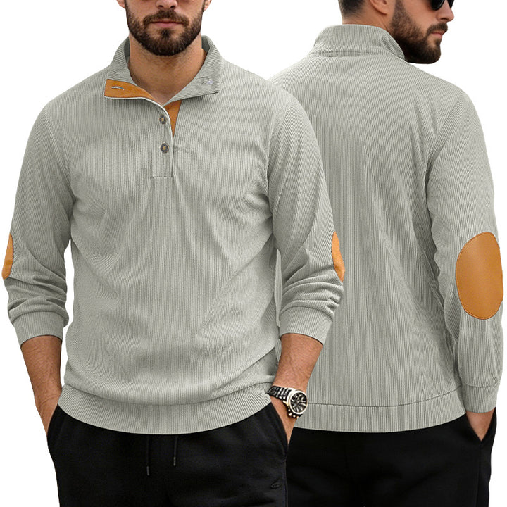 Men's casual structured sweater with polo collar, short button placket and vegan leather trims StylebySassy