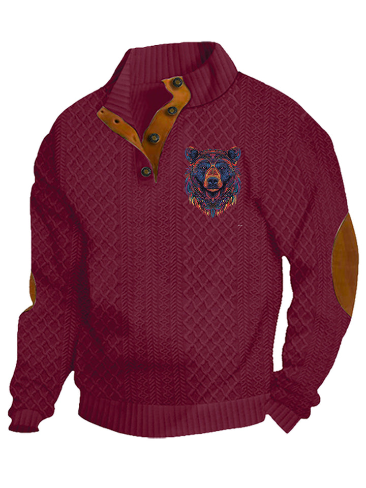 Men's nan Heritage textured pullover with stand-up collar faux leather trim elbow patches and half-button placket StylebySassy