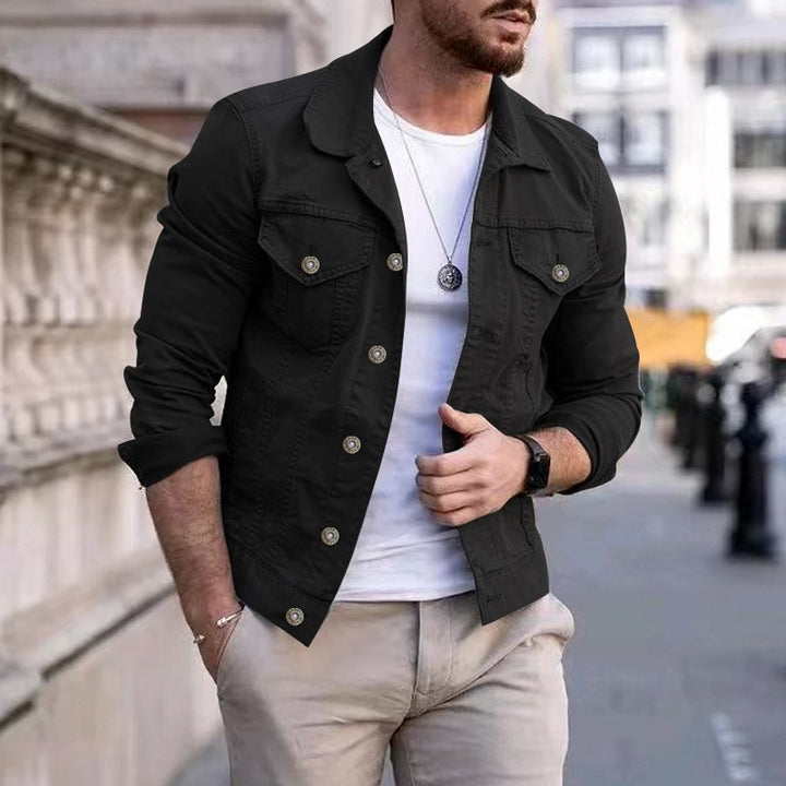 Men's tailored denim jacket in trucker style with chest pockets and metal buttons StylebySassy