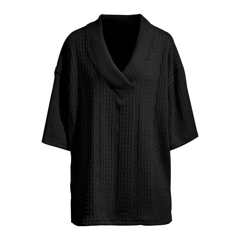 Ladies knit pullover with shawl collar and cable pattern StylebySassy