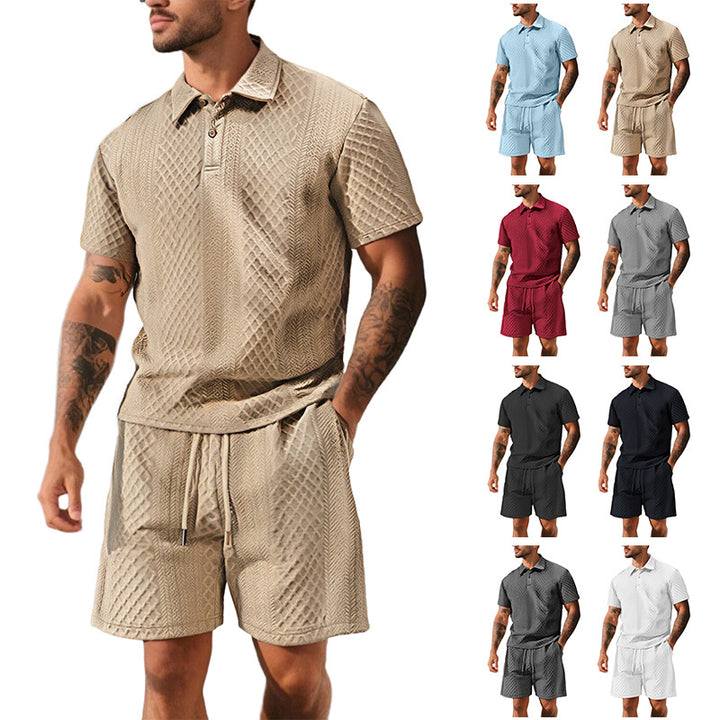 Men's elegant leisure two-piece made of textured knit with polo collar short-sleeve shirt and drawstring Bermuda StylebySassy