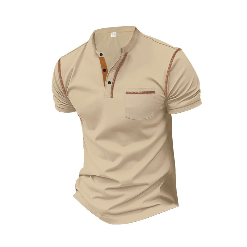Men's short-sleeve polo in Henley style with stand-up collar, chest pocket and contrast stitching StylebySassy