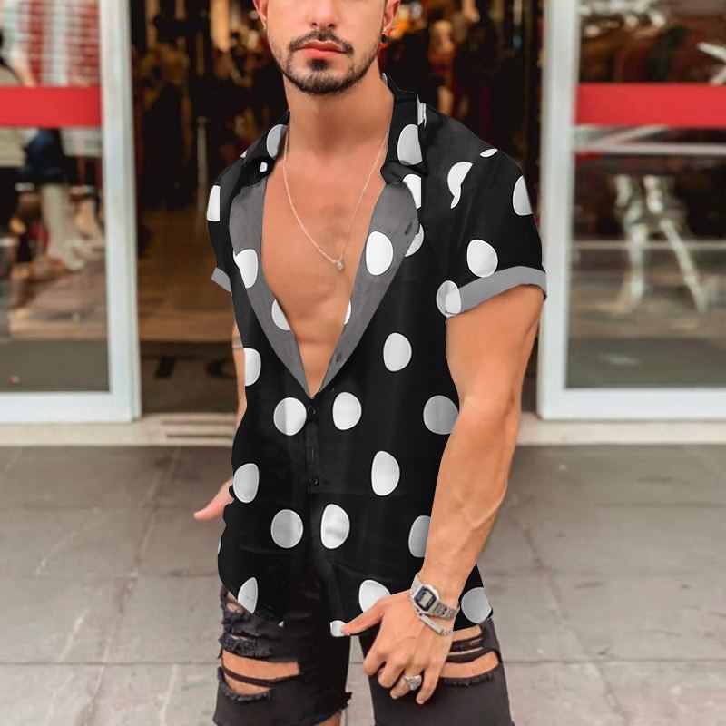 Men's short-sleeved shirt with large polka dot print, deep lapel collar and open button placket StylebySassy