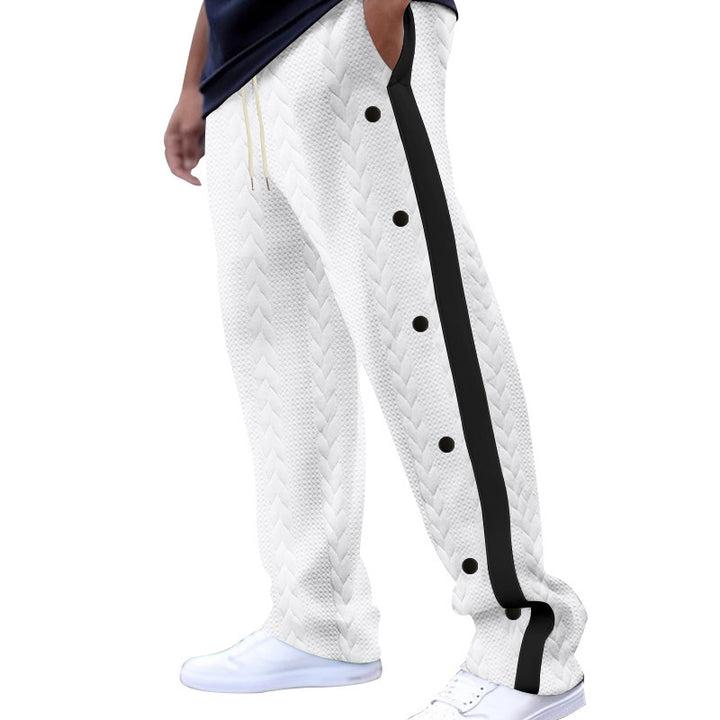 Men's quilted casual pants with continuous snap button placket and contrast stripes StylebySassy
