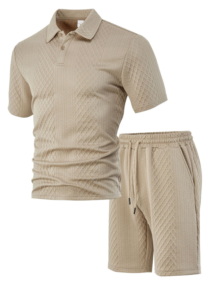 Men's embossed waffle polo with Kent collar and elastic drawstring shorts set StylebySassy