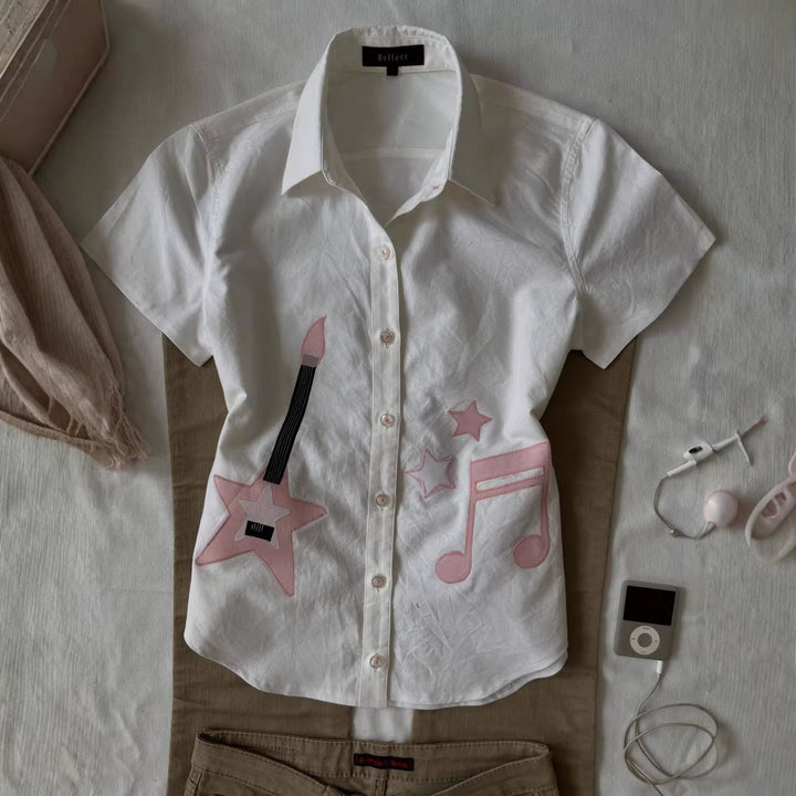 Ladies short sleeve shirt with musical motifs StylebySassy