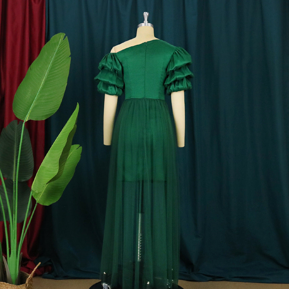 Women Elegant Tulle Dress with Asymmetrical Neckline and Voluminous Puff Sleeves StylebySassy