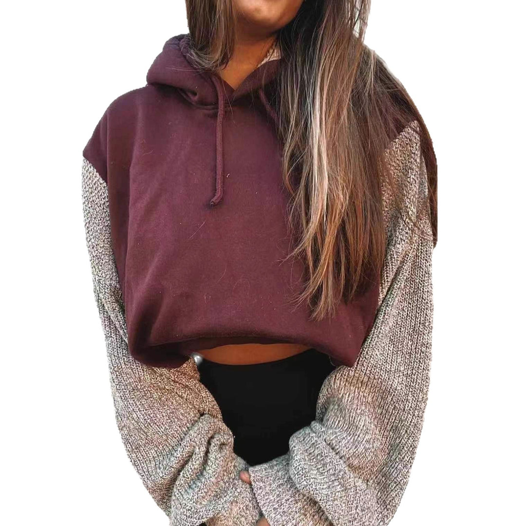 Women's Hooded Cropped Pullover with Wide-Cut Knitted Sleeves and Drawstring StylebySassy