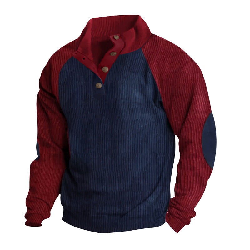 Men's corduroy half-button pullover with high collar, raglan sleeves and elbow patches StylebySassy