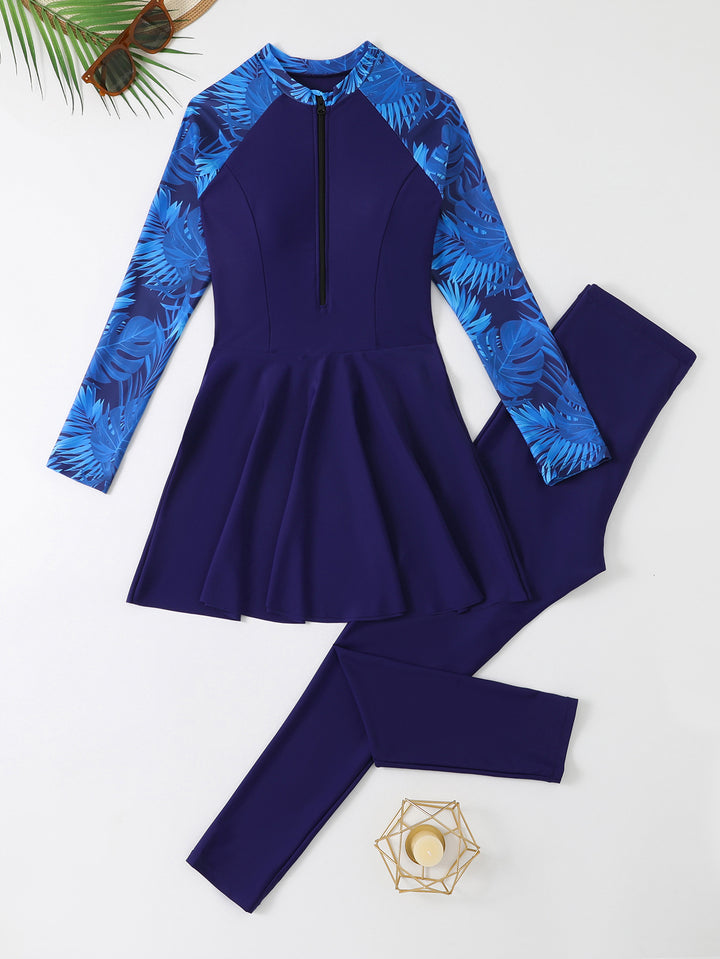 Women's Fashionable Swimsuit with Skirt and Long Sleeve StylebySassy