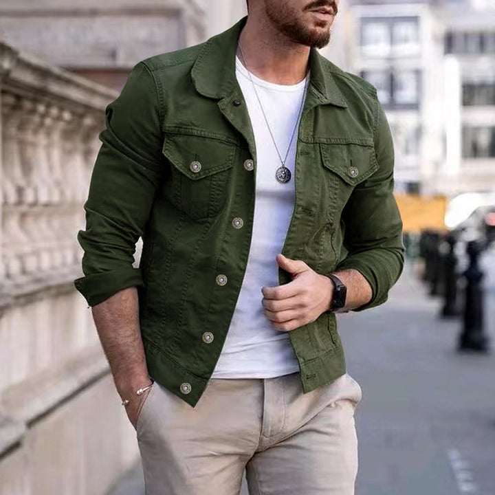 Men's tailored denim jacket in trucker style with chest pockets and metal buttons StylebySassy