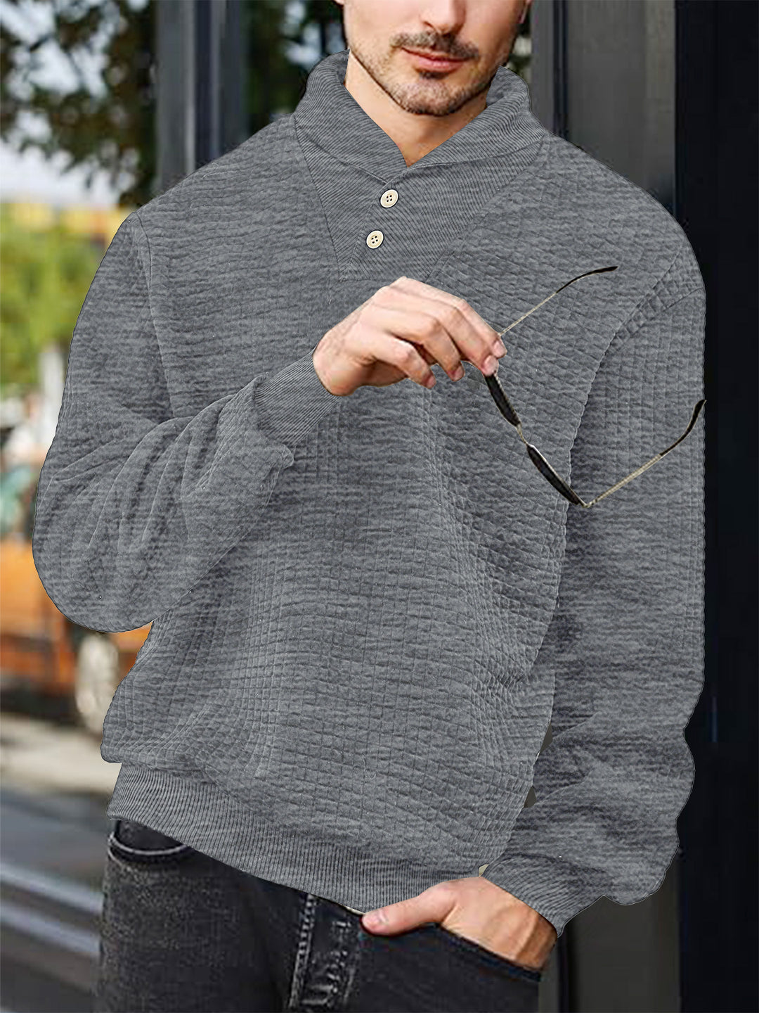 Men's elegant knitted pullover with shawl collar, button placket at neckline and check waffle texture StylebySassy