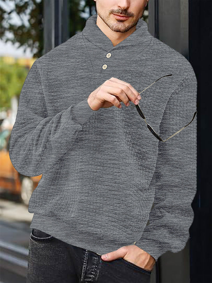 Men's elegant knitted pullover with shawl collar, button placket at neckline and check waffle texture StylebySassy