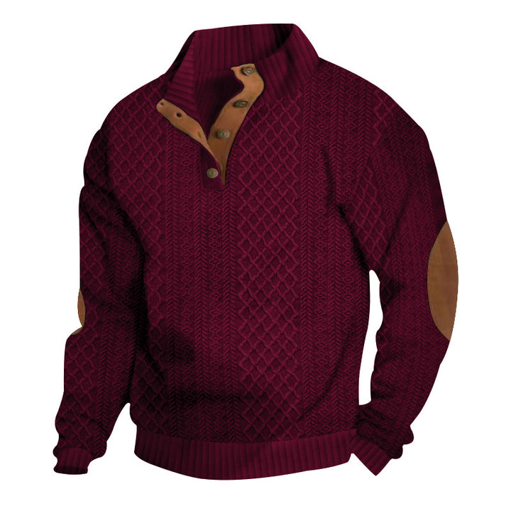 Men's upscale knit sweater with diamond pattern, high ribbed collar, buttoned placket, and leather trim on elbow. StylebySassy