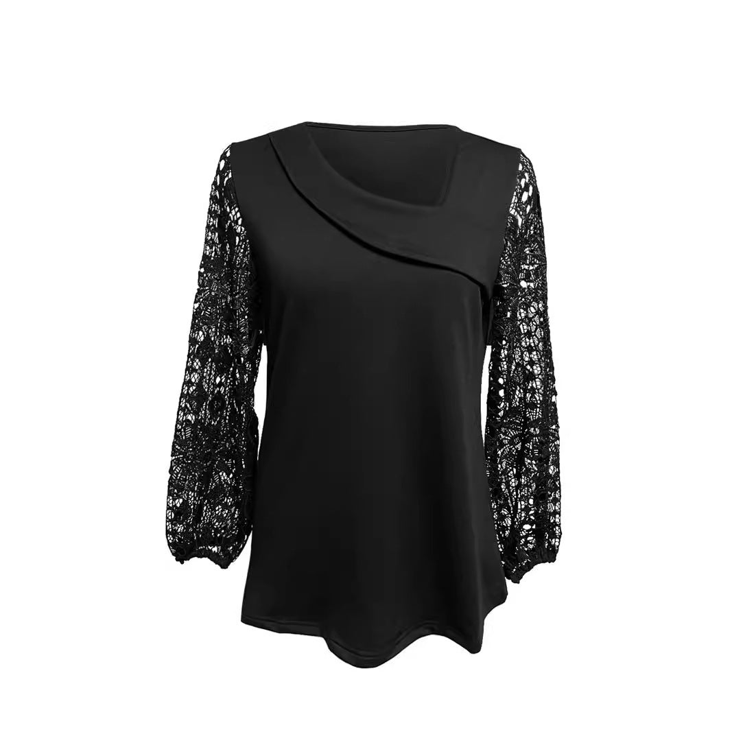 Ladies nan tunic top with asymmetrical waterfall yoke and floral lace balloon sleeves StylebySassy