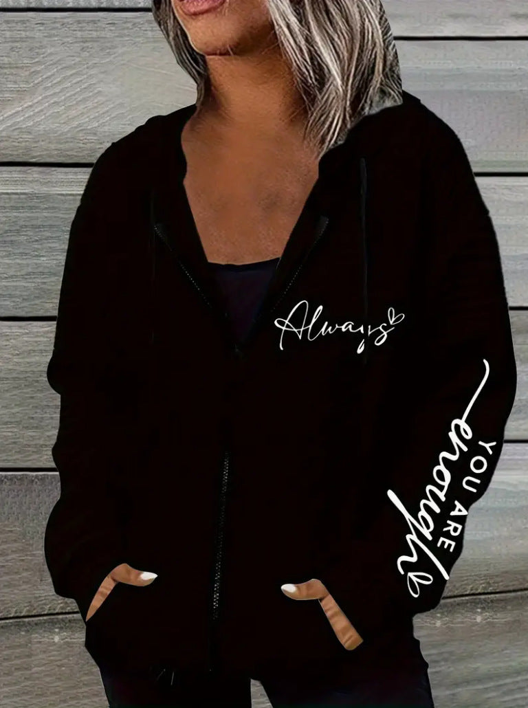 Women's oversized hooded jacket with zipper, handwritten typo application and contrast side pockets StylebySassy