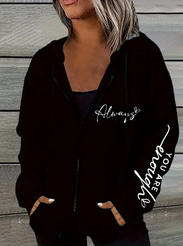 Women's oversized hooded jacket with zipper, handwritten typo application and contrast side pockets StylebySassy