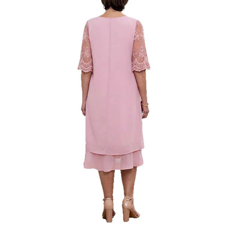 Women's A-line chiffon dress with floral embroidered lace yoke, hidden centre seam pleat, and layered ruffle StylebySassy