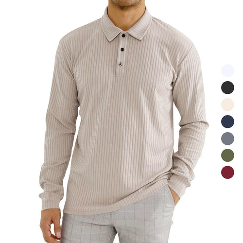 Men's nano ribbed long sleeve polo shirt with fine ribbed texture, classic collar, and elastic hem StylebySassy