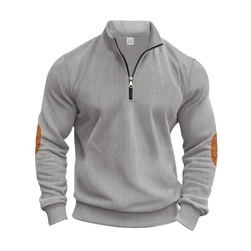Men's structured cotton knit pullover with half zipper and elbow patches StylebySassy